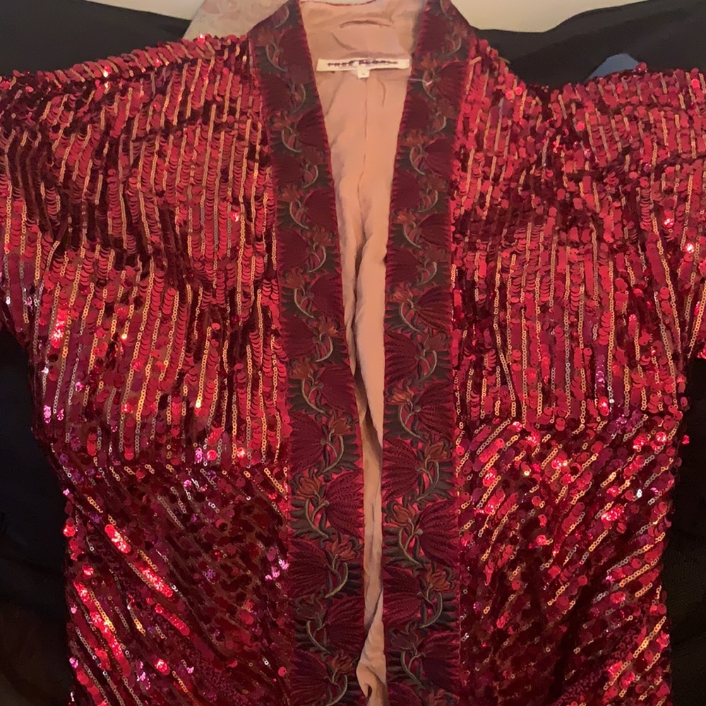 NWOT FREE PEOPLE Red Sequin Long Belted Duster Coat - Picture 5 of 12